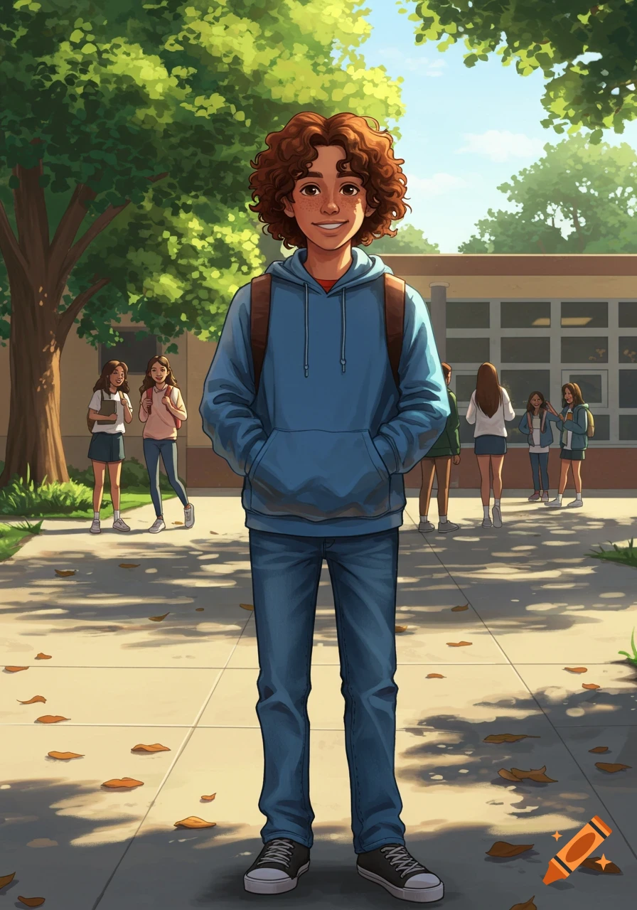 An illustrated teenage boy with curly brown hair and a backpack stands smiling in front of a school building with other students.