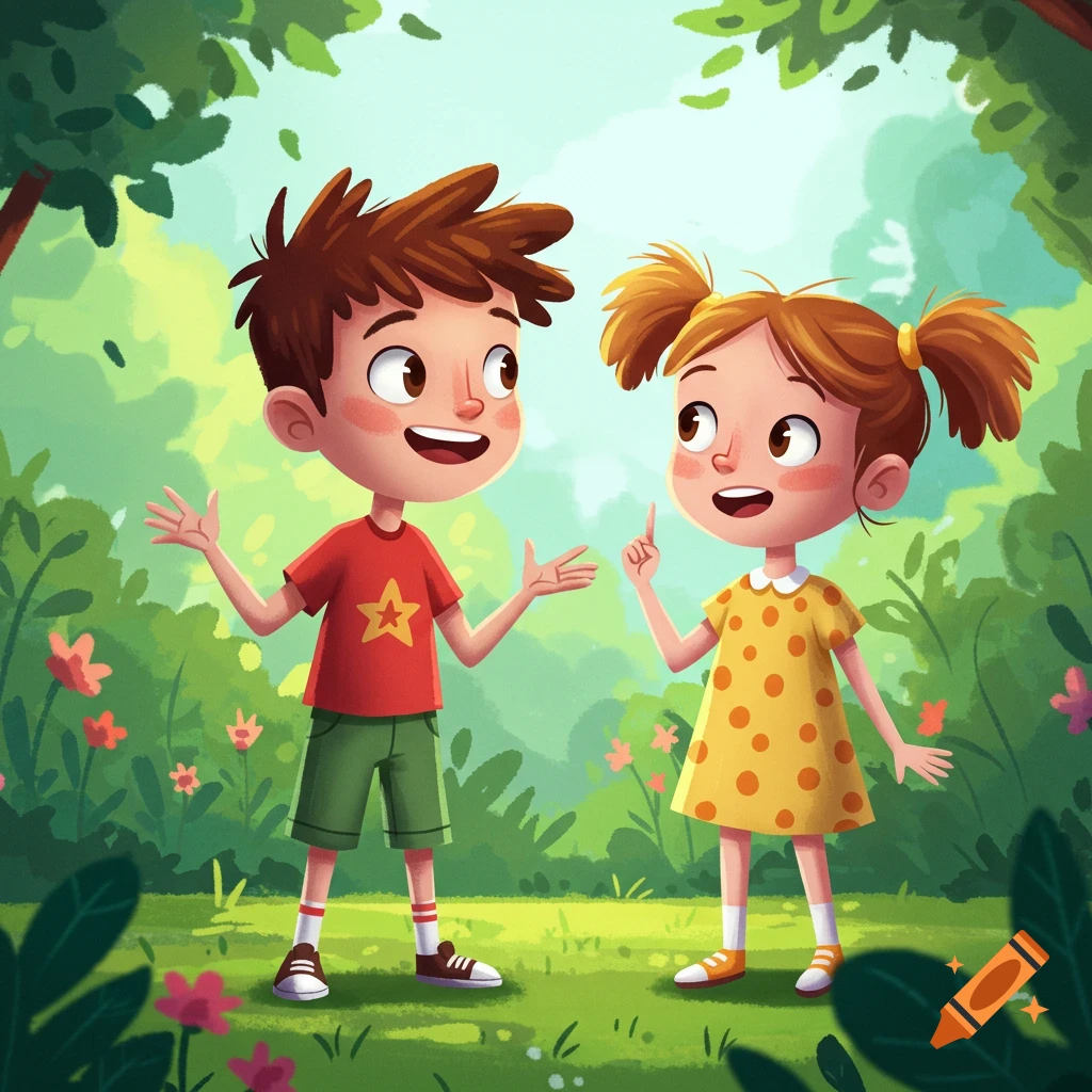 A happy cartoon boy and girl with pigtails talk in a vibrant green park with trees and flowers.