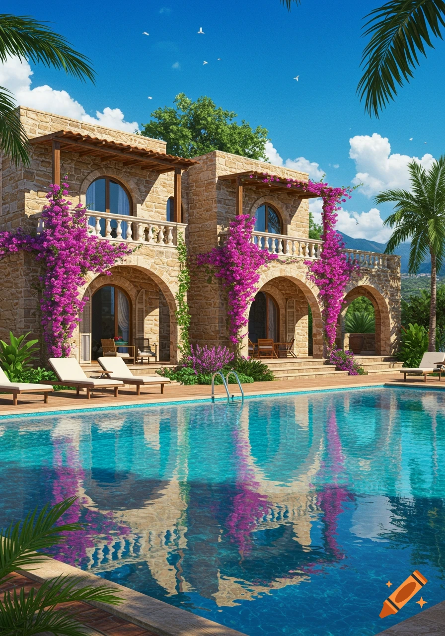 Photorealistic stone villa adorned with purple bougainvillea overlooking a blue swimming pool, surrounded by palm trees and mountains on a sunny day.