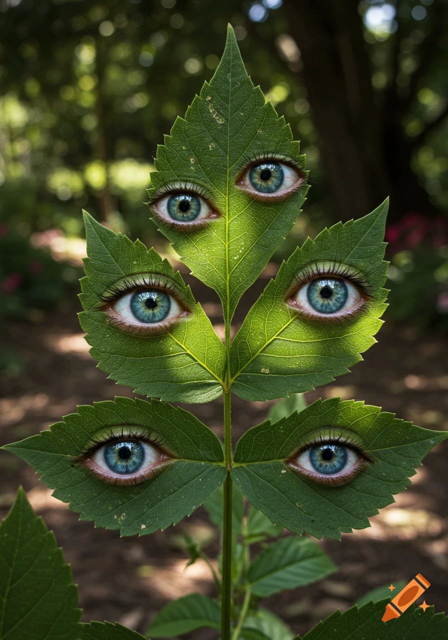 A plant stem with multiple green leaves, each embedded with a realistic human eye, in a sun-dappled forest.