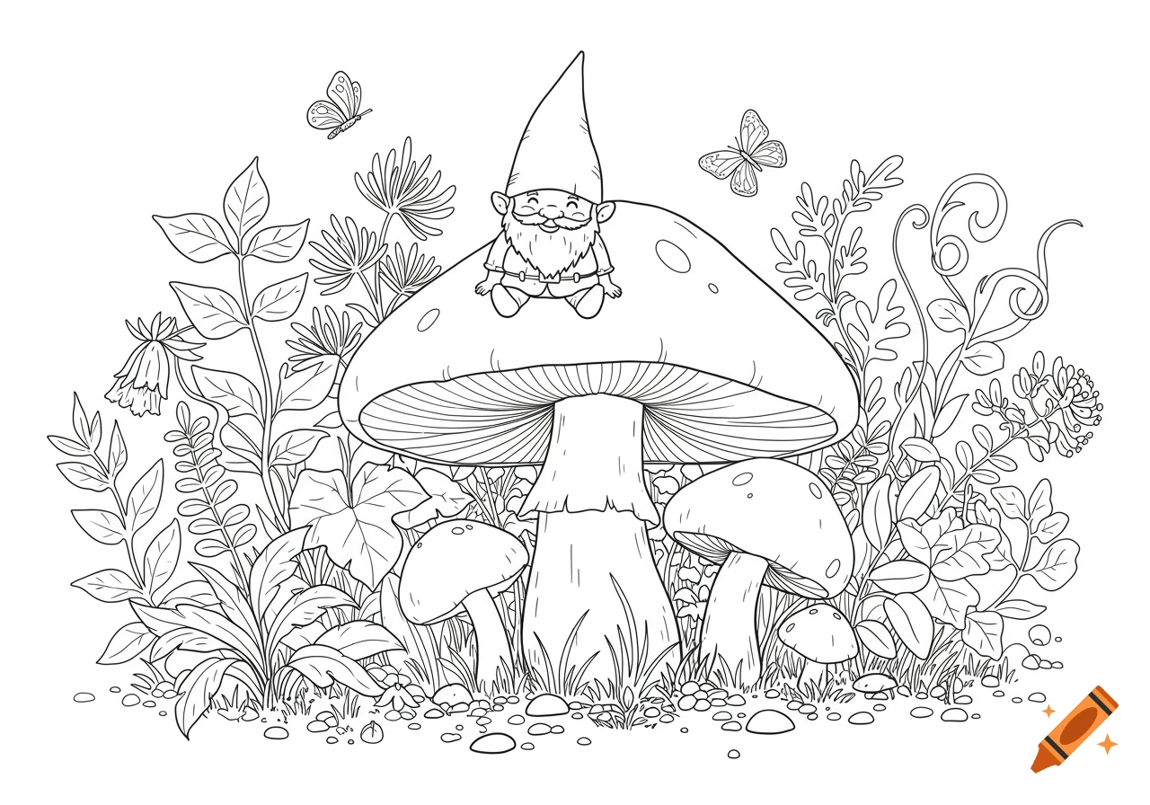 A cute gnome with a pointed hat and beard sits smiling on a large mushroom surrounded by various plants and butterflies, in black and white line art.