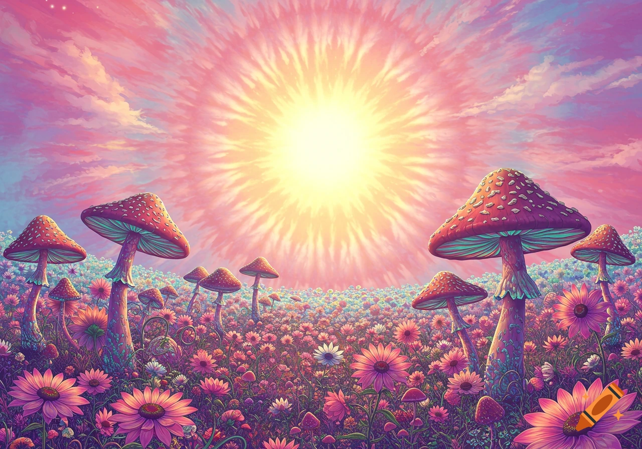 A vibrant, psychedelic landscape featuring a field of colorful flowers and red-capped mushrooms under a pink and blue tie-dye sky with a bright sun.