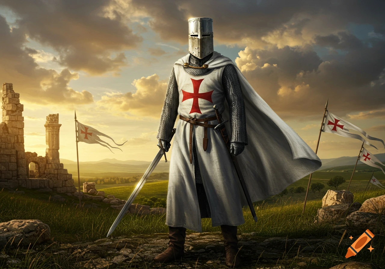 A Crusader knight in full armor and white surcoat with a red cross, holding a sword in a field with castle ruins and flags at sunset.