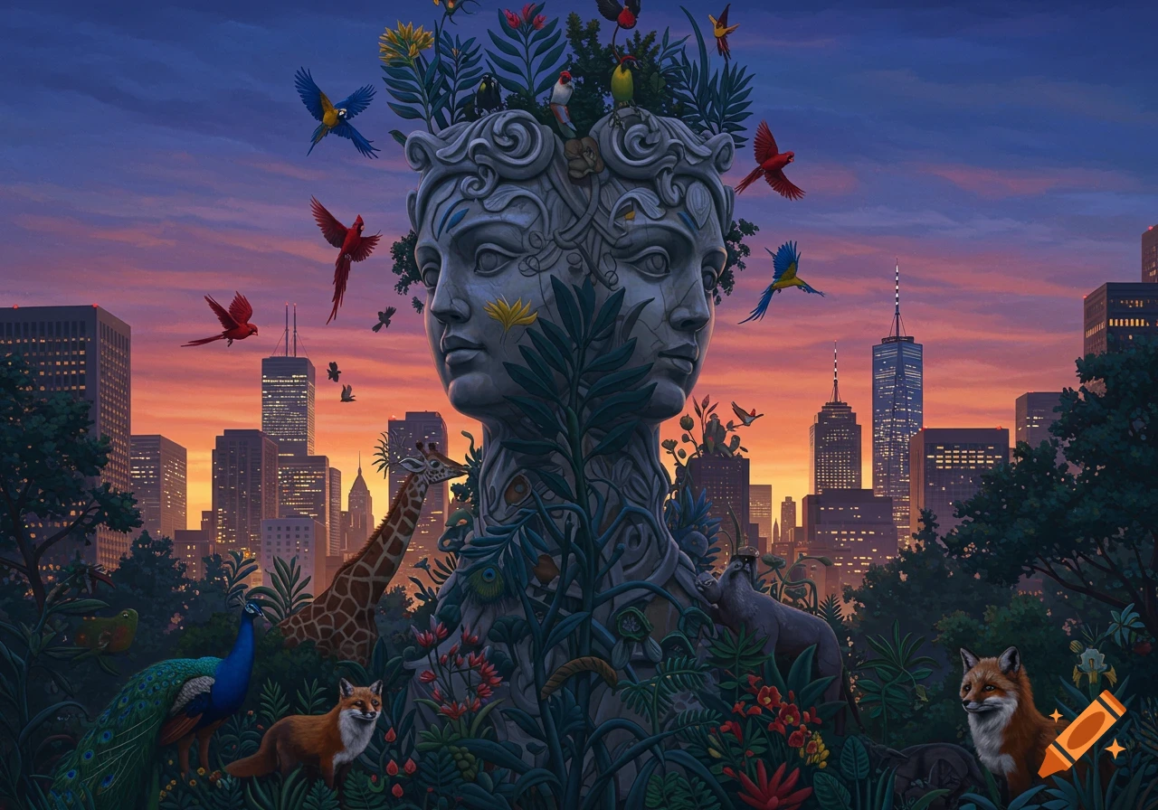 A surreal painting of a two-faced stone sculpture with plants, birds, and animals (giraffe, fox, peacock) against a sunset city.