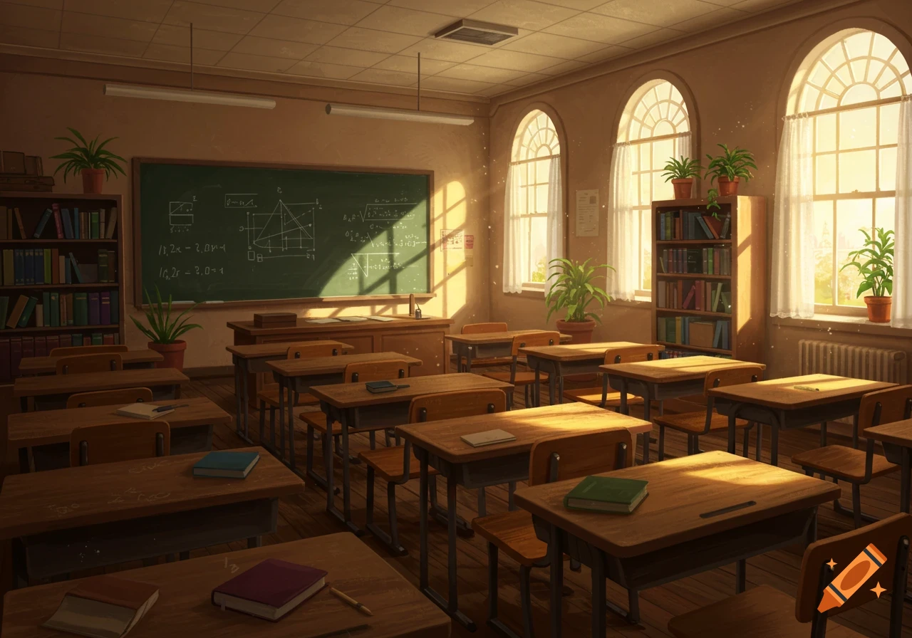 An empty, sunlit classroom with wooden desks and chairs, a blackboard with math, bookshelves, and arched windows.