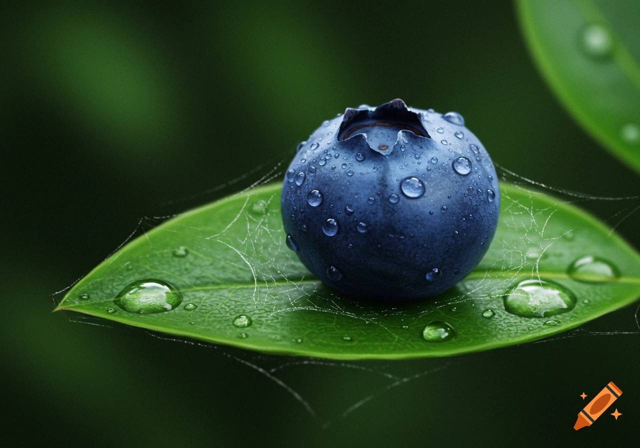 A photorealistic close-up of a dew-covered blueberry resting on a green leaf adorned with a delicate spider web.