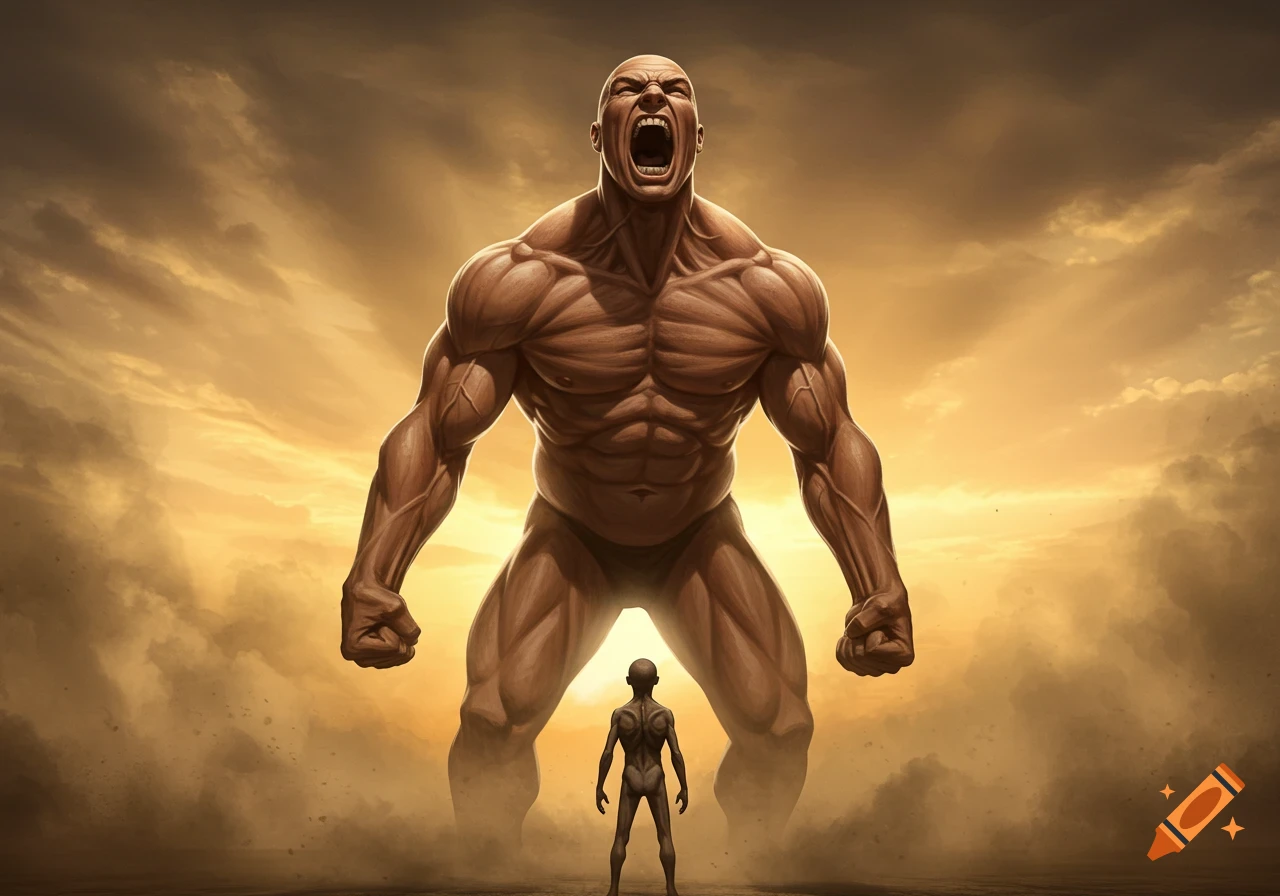 A giant, muscular man screams at a tiny figure below him, silhouetted against a golden, cloudy sky in an illustrative style.