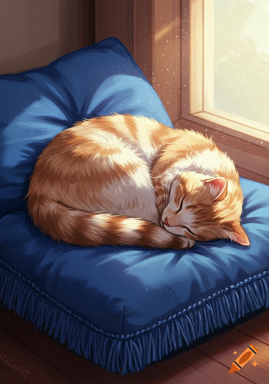 An orange and white tabby cat sleeps curled up on a blue cushion by a sunlit window in a digital illustration.