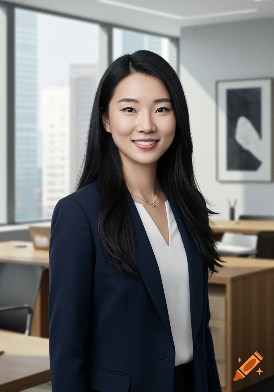 A smiling, confident Hong Kong woman in a dark blazer and white blouse, standing in a modern office with city views in the background.