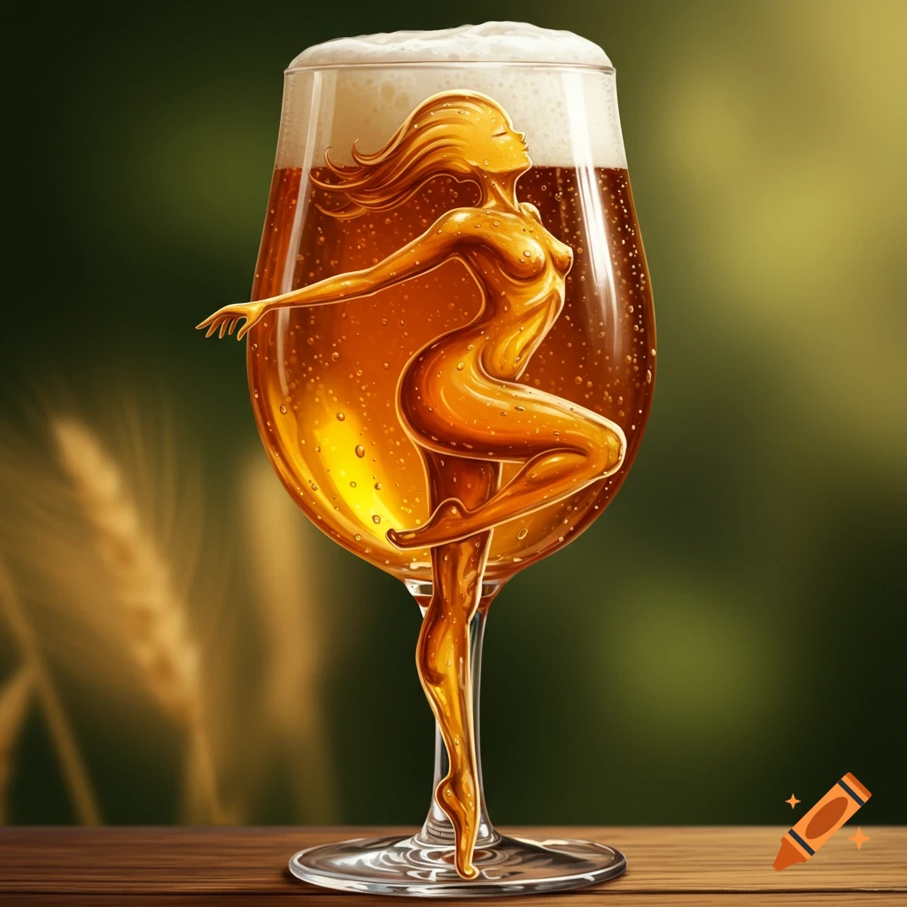 A stylized golden female figure made of beer liquid dances inside a beer glass with foam, against a blurred green and wheat background.