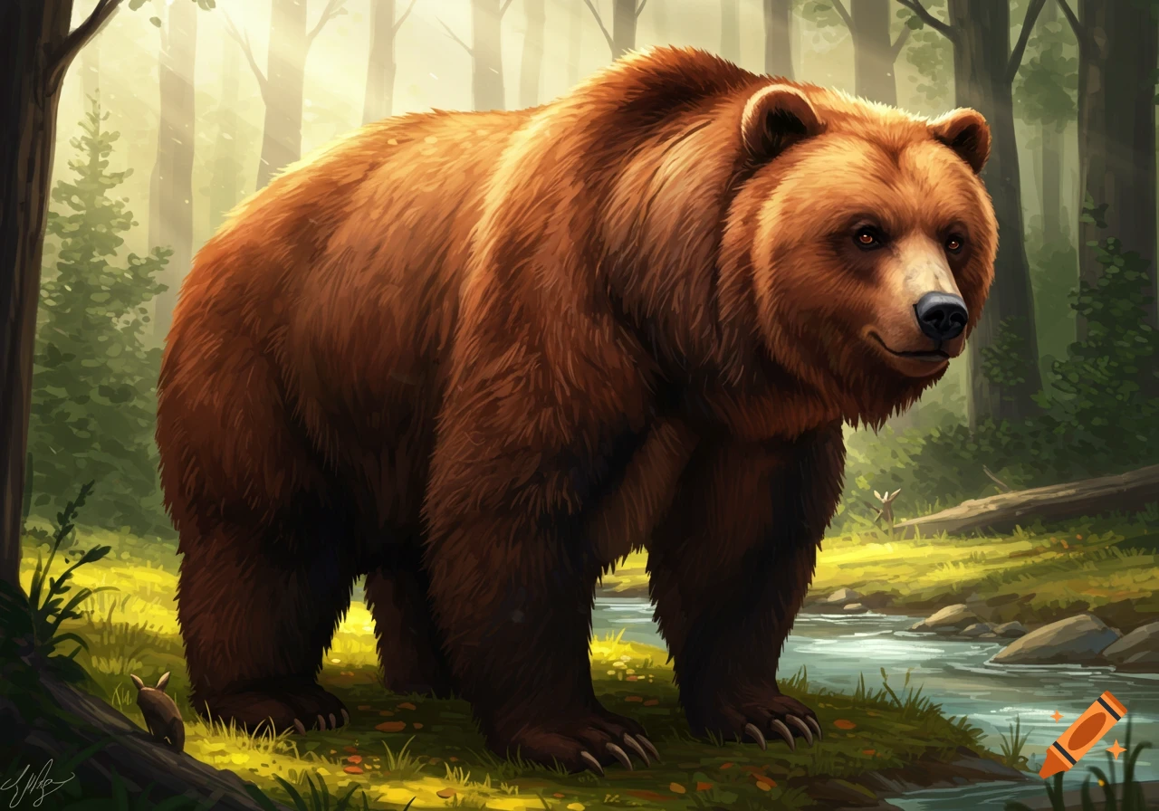 A large brown bear stands in a sunlit forest next to a stream, depicted in a detailed digital painting.
