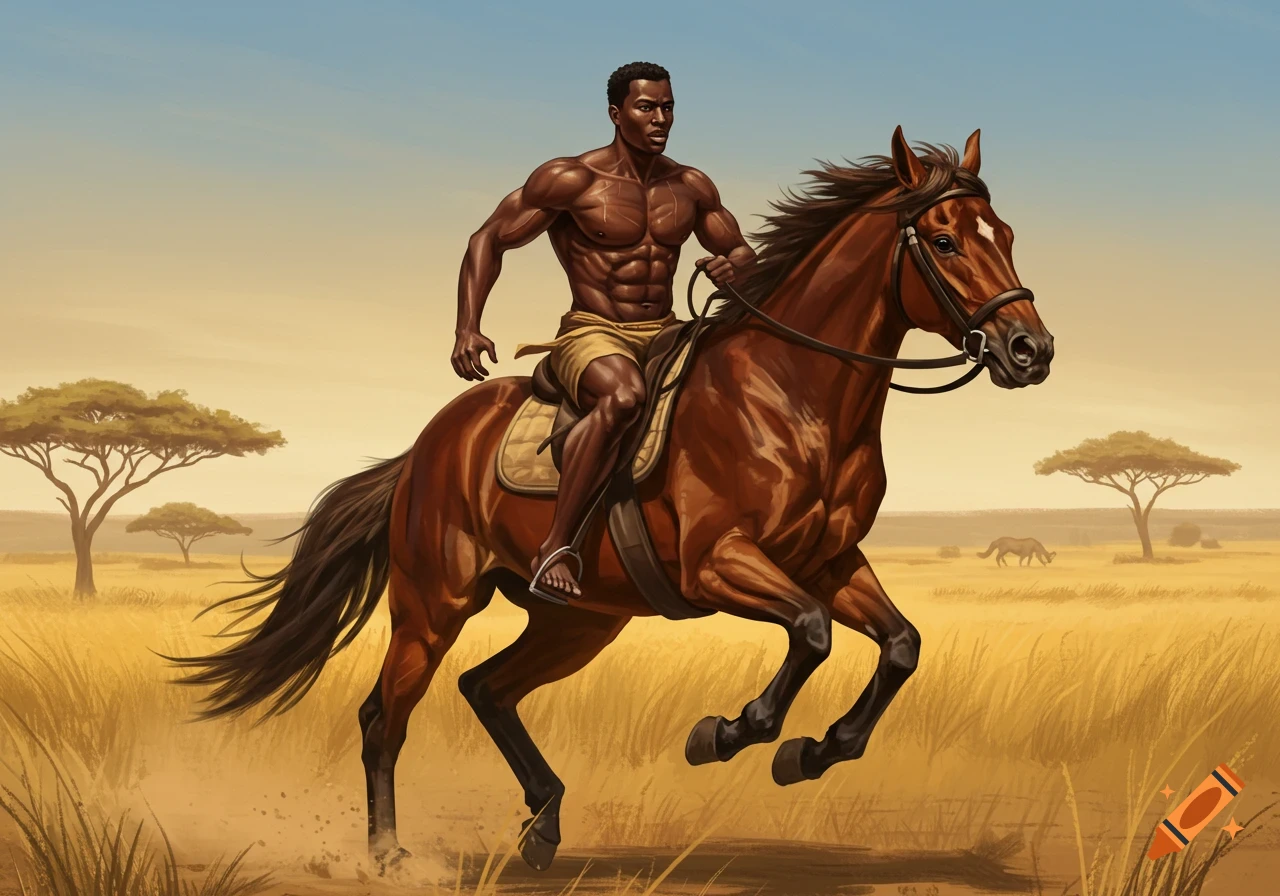 A muscular Black man rides a galloping brown horse across a sunlit savanna with acacia trees and distant wildlife.