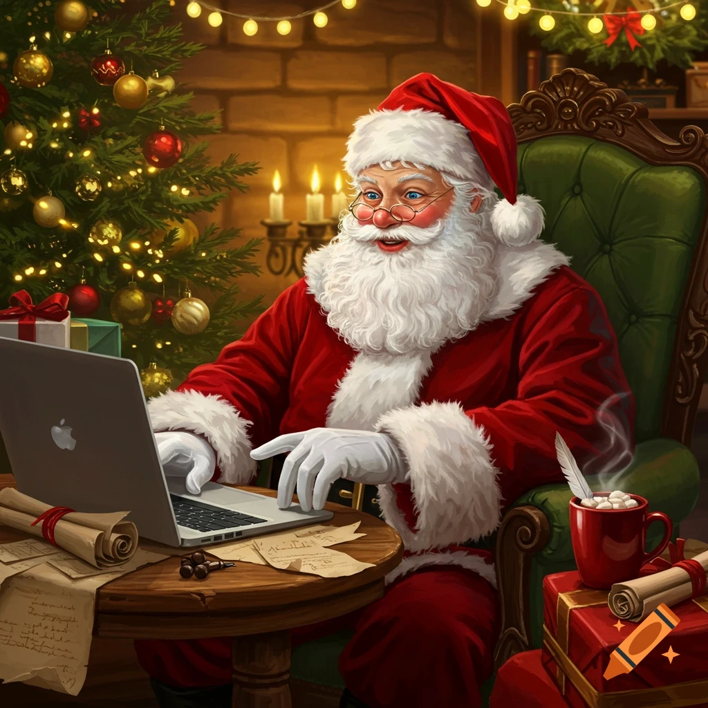Santa Claus with a white beard and red suit sits in a green armchair, typing on a silver laptop by a Christmas tree, with wrapped gifts and scrolls on a wooden table.