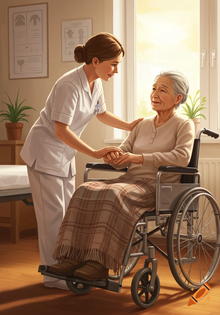 A nurse gently holds the hands of an elderly woman in a wheelchair in a sunlit room, a scene of care and compassion.