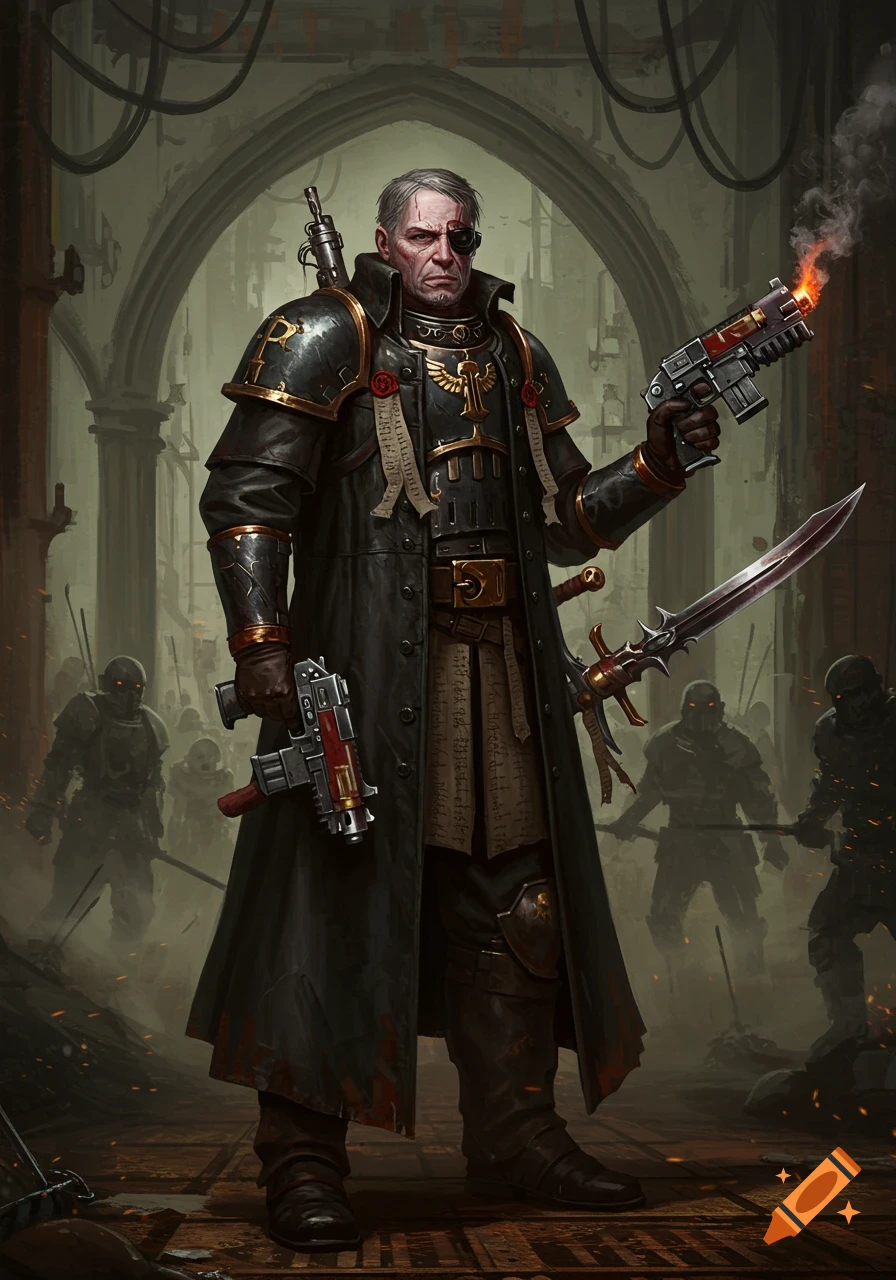 A grim Inquisitor from Warhammer 40k in a long dark coat, holding two guns and a sword, stands in a gothic, industrial setting.