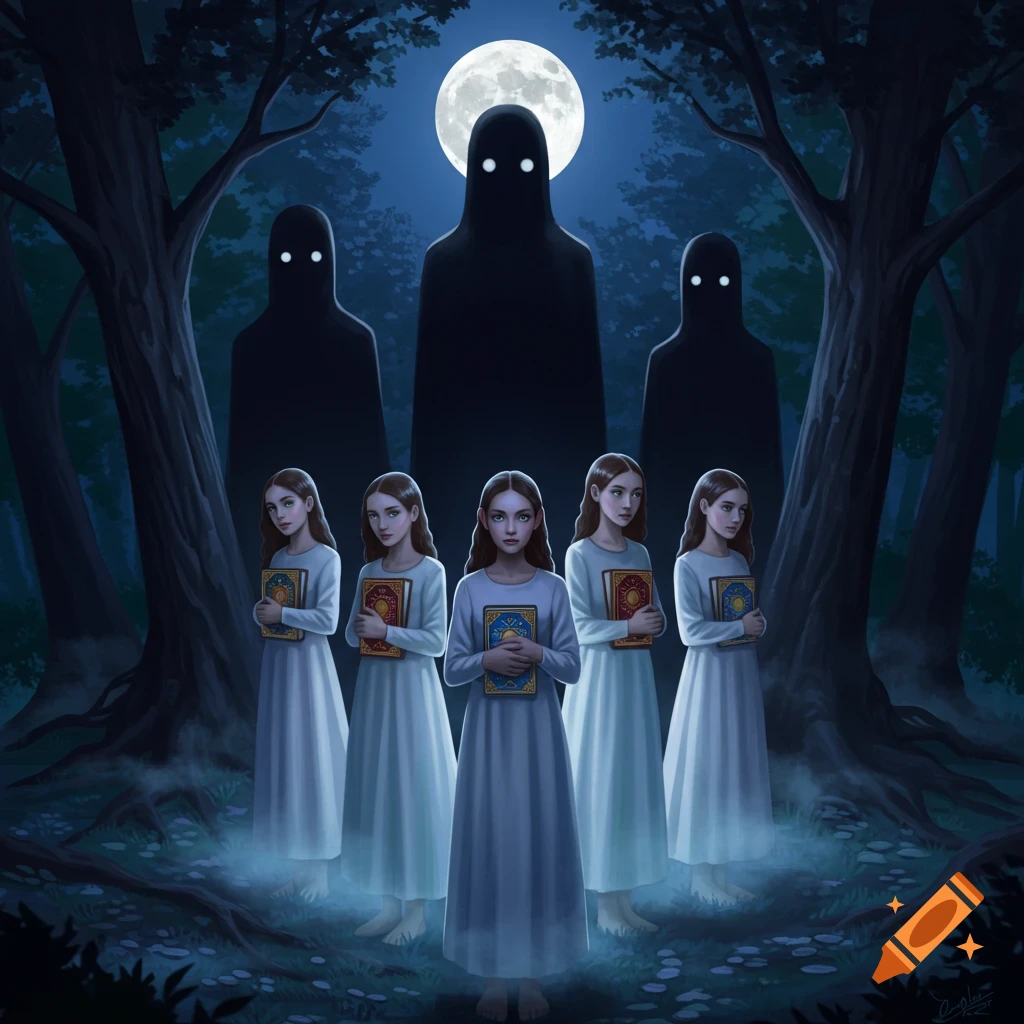 Five young girls in white dresses holding books stand in a dark, misty forest with shadowy figures and a full moon.