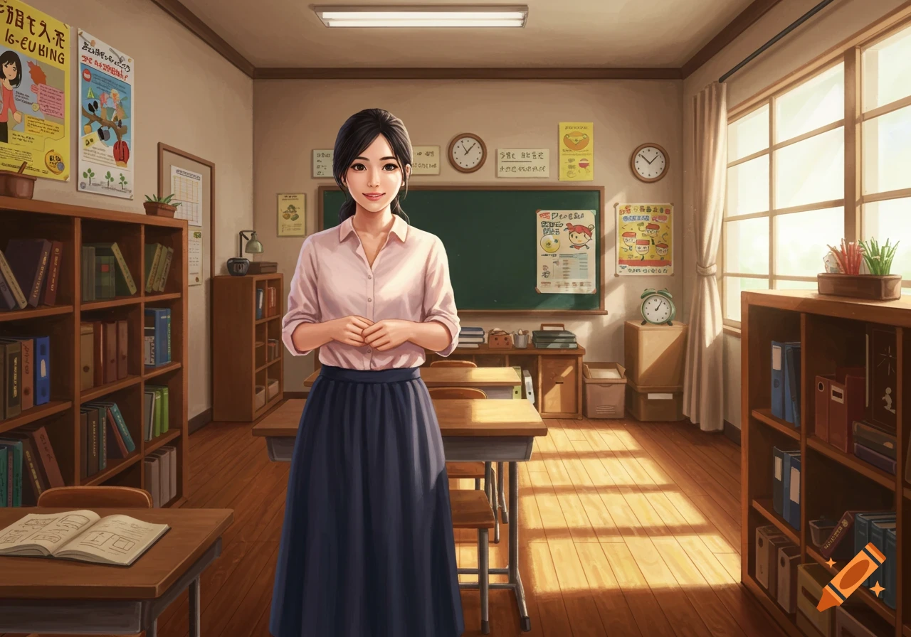 A smiling female teacher stands in a bright classroom with bookshelves and posters, rendered in an illustration style.