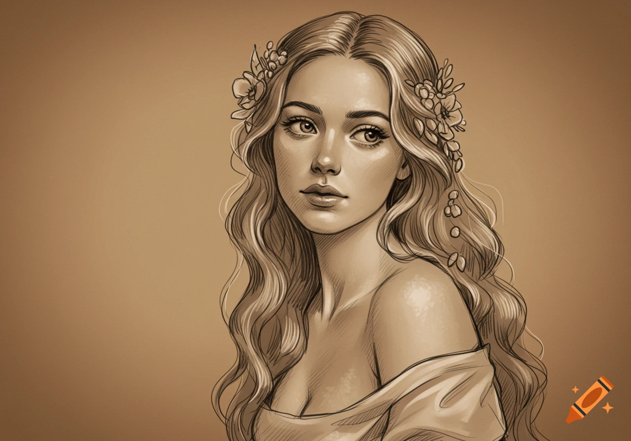 A sepia-toned sketch of a young woman with long wavy hair and flowers, looking away.