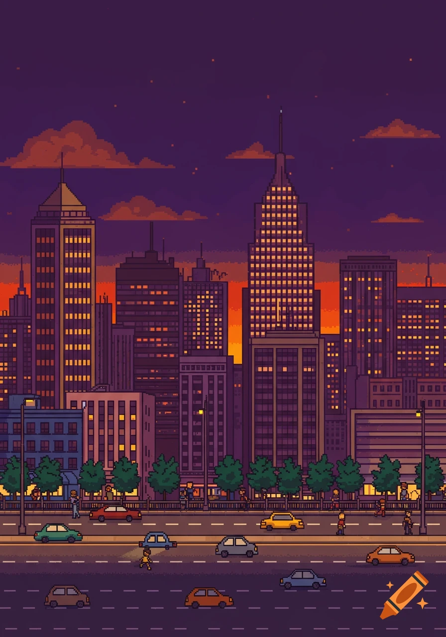 Pixel art cityscape at sunset, with illuminated buildings, roads, cars, and pedestrians on sidewalks.