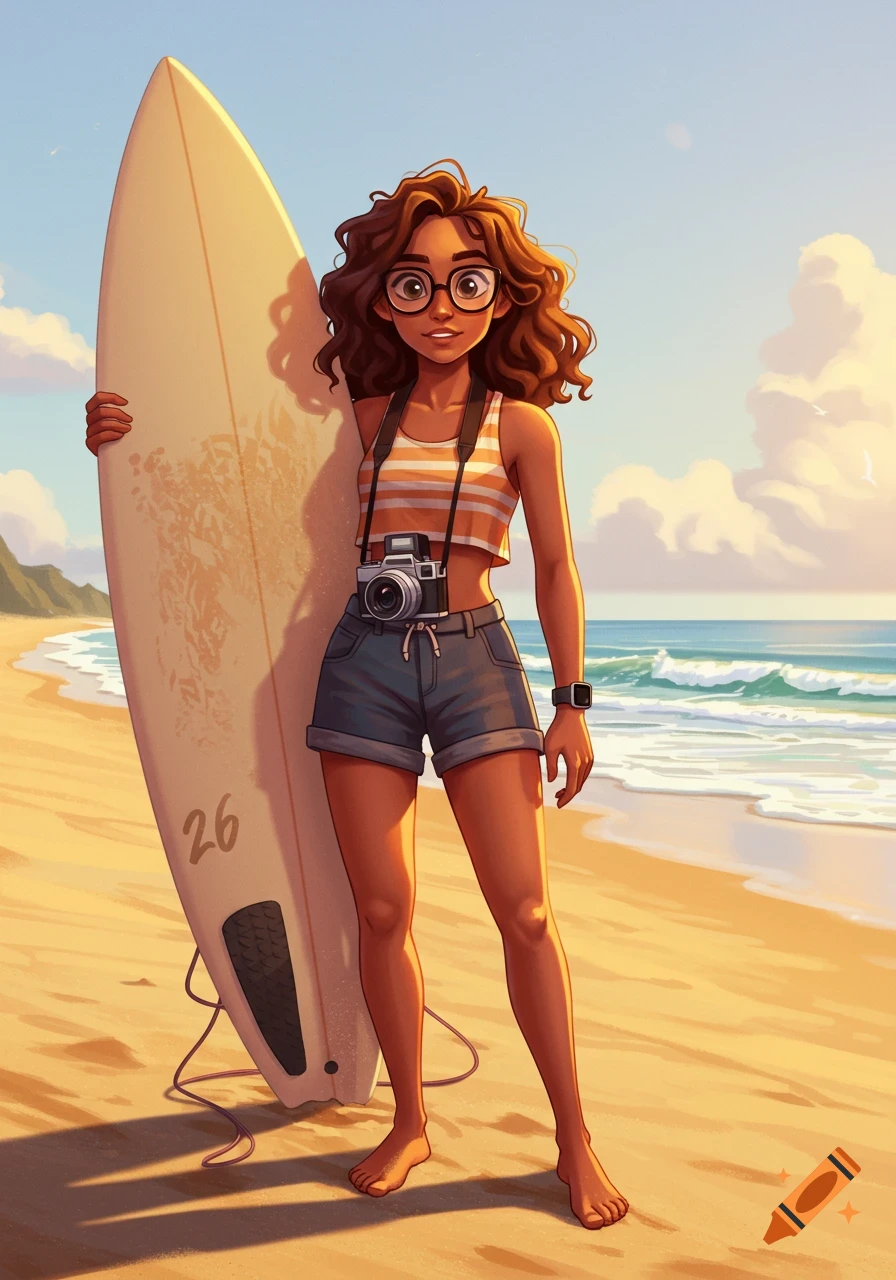 An illustration of a smiling woman with curly hair and glasses, holding a surfboard on a sunny beach.