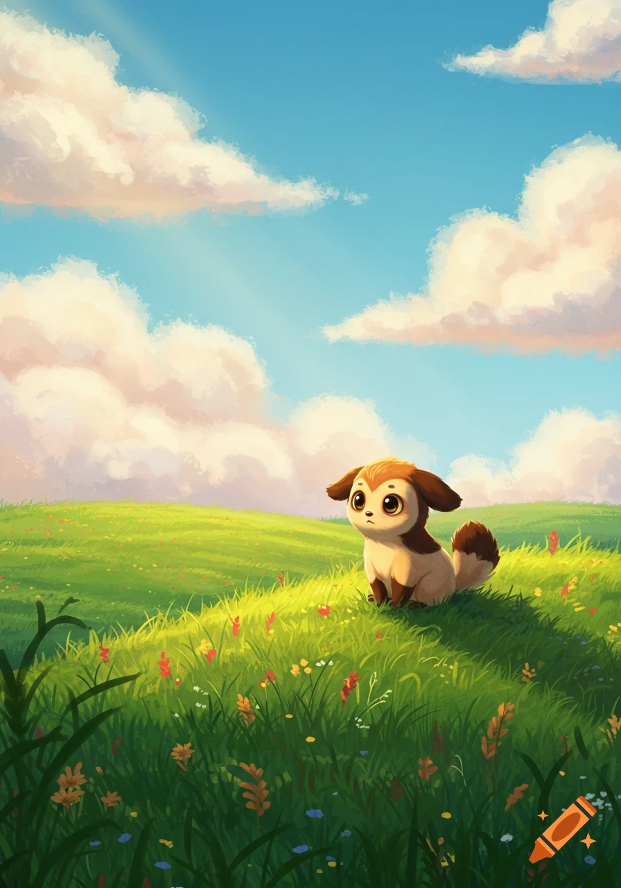 A cute, brown and white creature with big eyes sits in a vibrant green, flowery field under a blue sky with fluffy clouds, in an illustrated style.