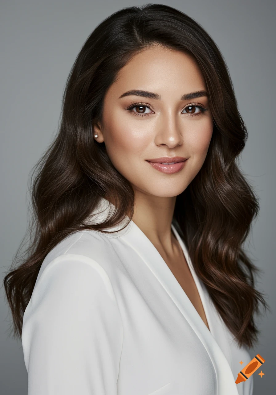 Photorealistic portrait of a beautiful young woman with long wavy brown hair and a white blouse, smiling gently.
