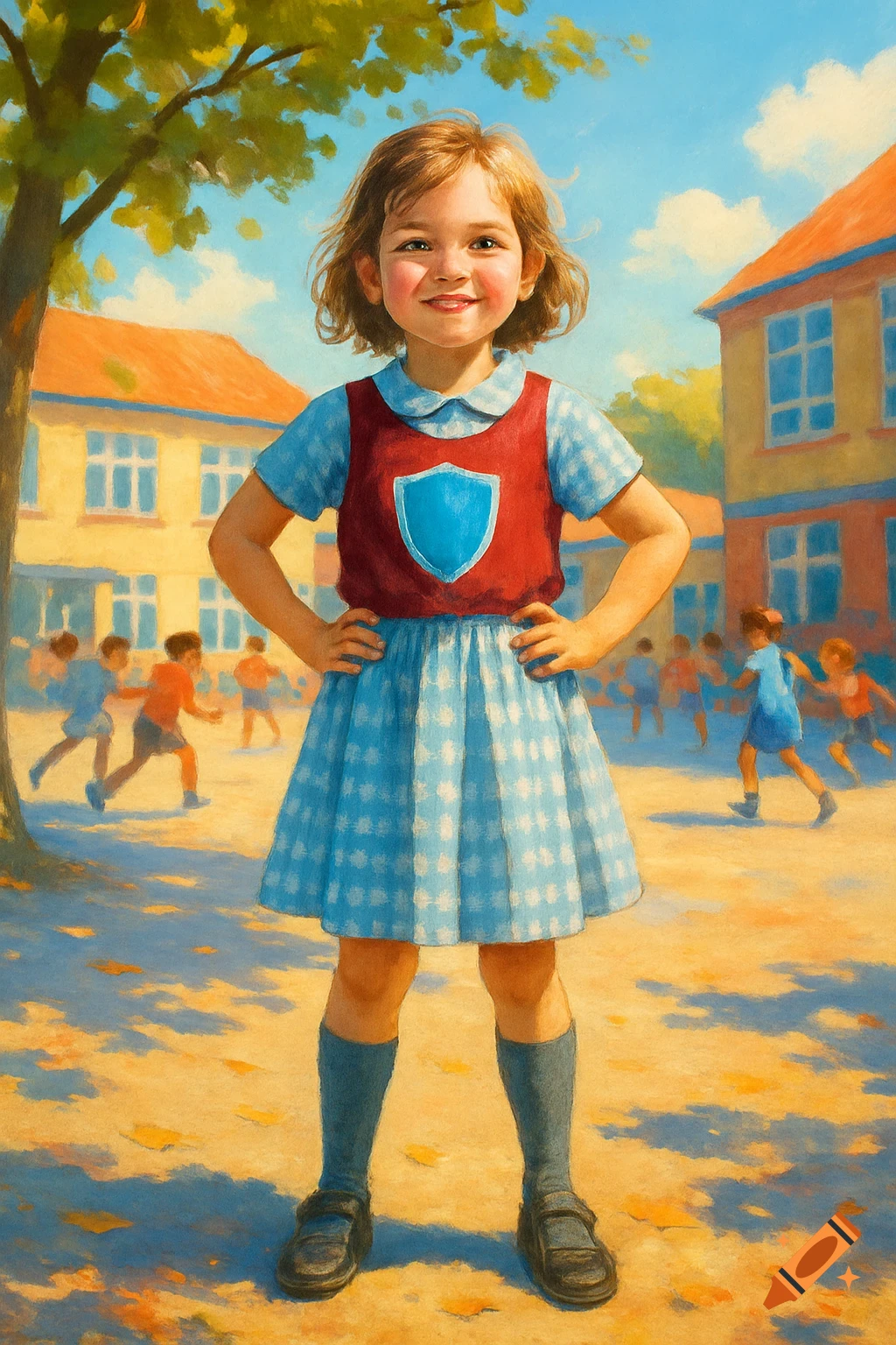 Painterly image of a smiling young girl in a blue gingham dress and burgundy vest, standing confidently in a sunny schoolyard.