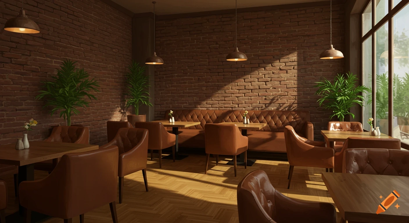 A cozy cafe interior with brown brick walls, brown leather seating, wooden tables, potted plants, and sunlight streaming through a large window.