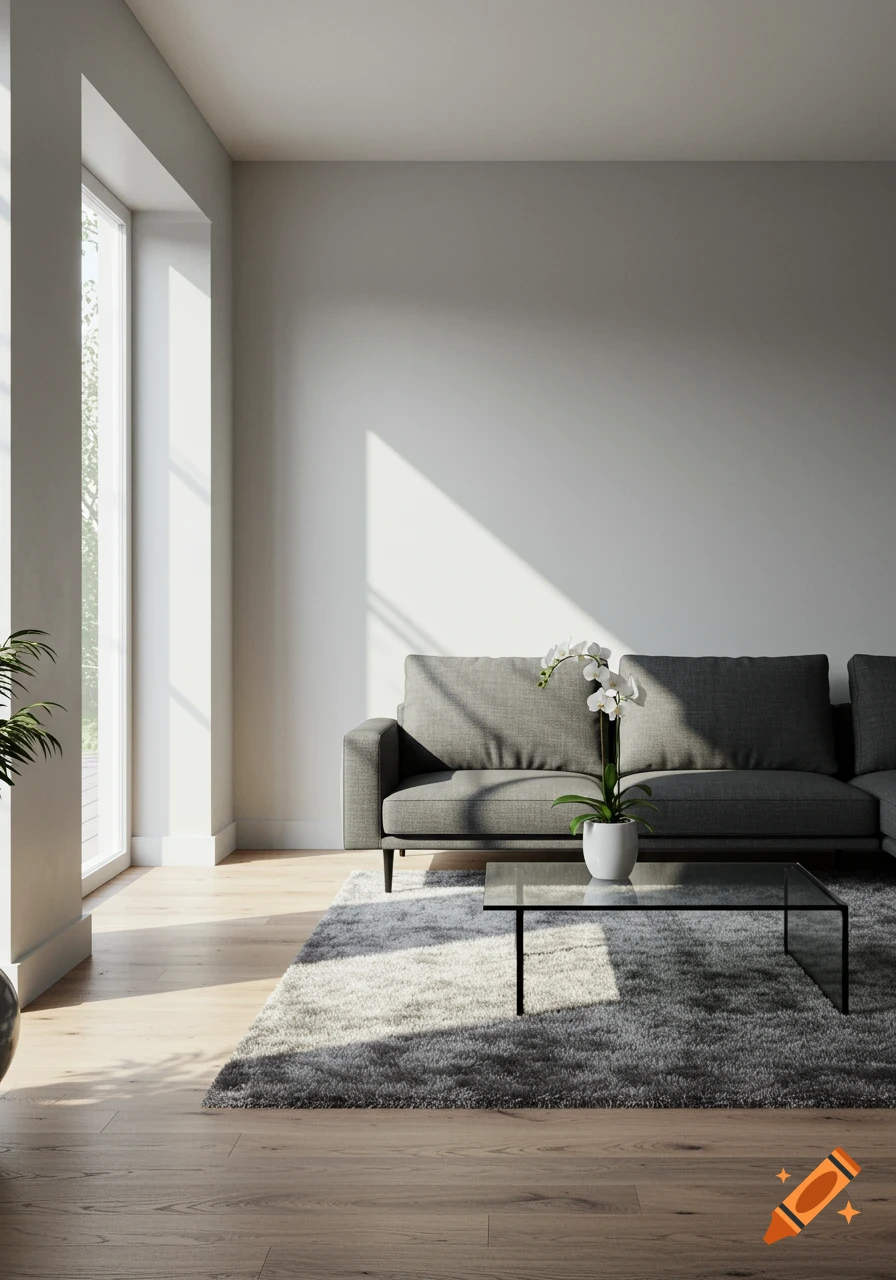 A modern living room with a grey sofa, glass coffee table, white orchid, fluffy rug, wooden floor, and bright sun from a large window.