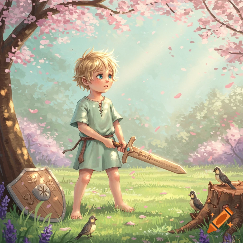 Illustrative image of a small blond boy with a wooden sword and shield in a sunny, pastel forest with cherry blossoms.