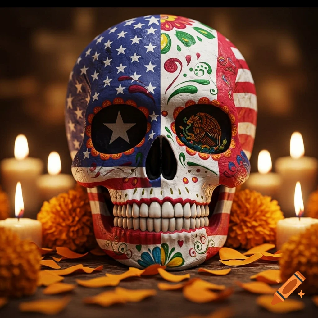 A sugar skull decorated with the US flag on the left and the Mexican flag on the right, surrounded by candles and marigolds.