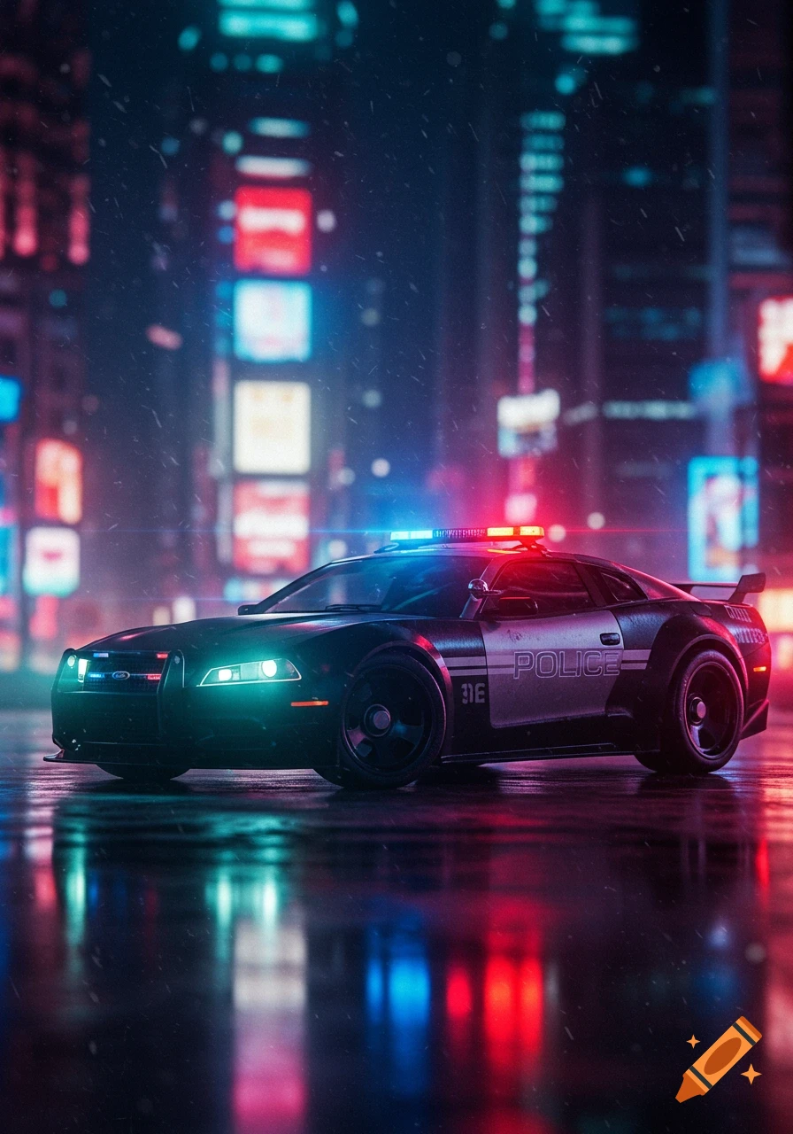 A sleek, black police car with flashing blue and red lights sits on a wet city street at night, reflecting neon signs in a cyberpunk style.