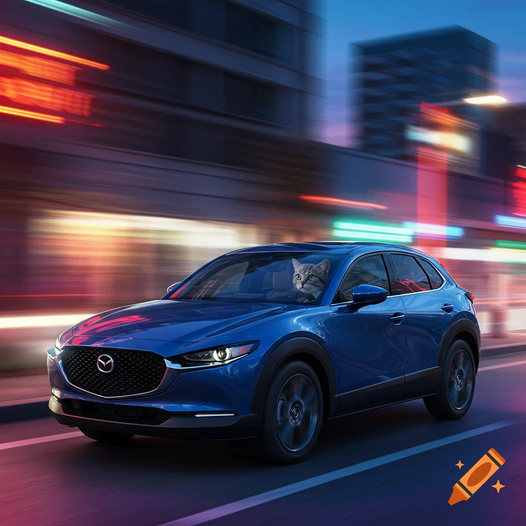 A gray tabby cat drives a blue Mazda CX-30 on a city street at night, with blurred lights in the background.
