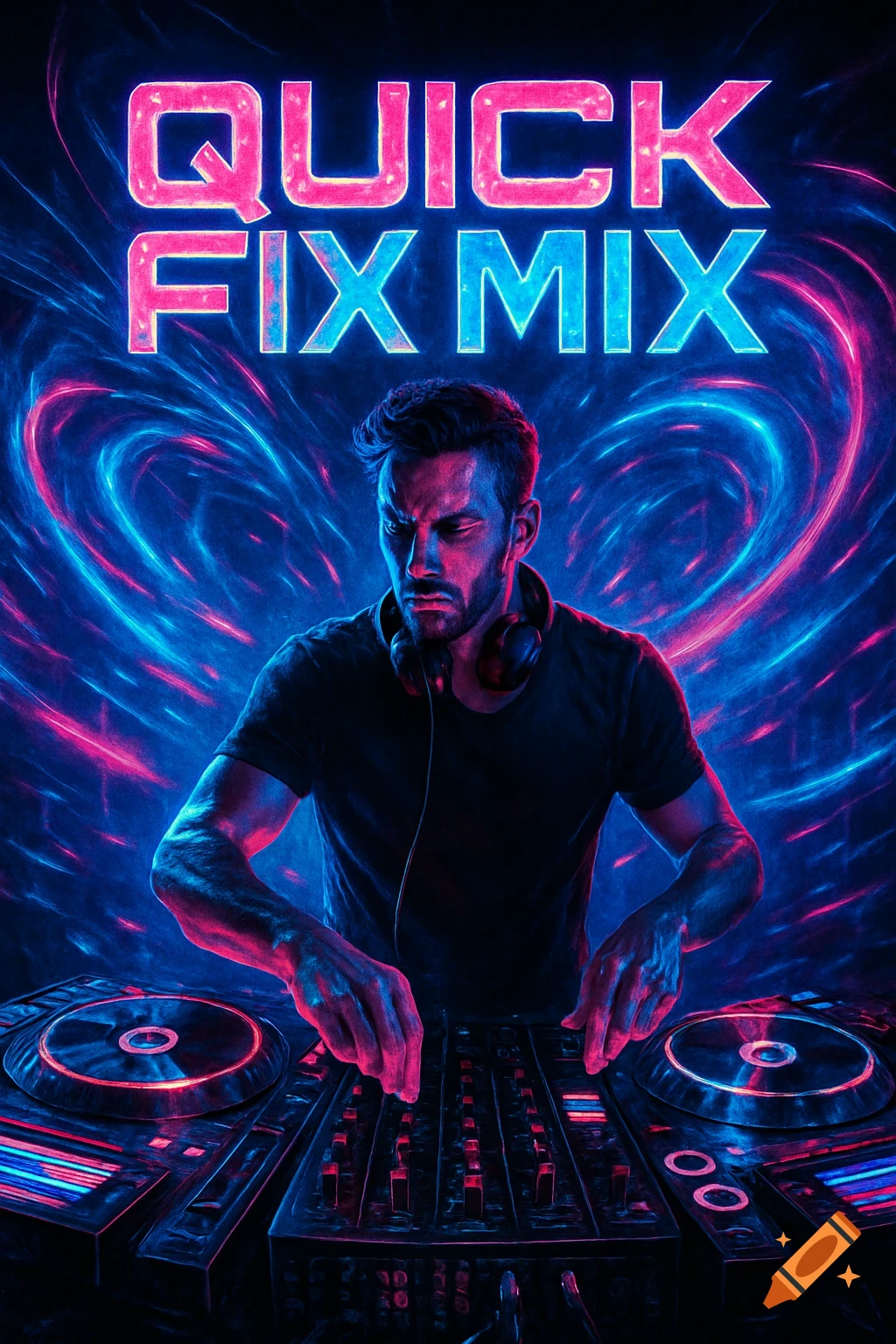 A DJ with headphones mixes on a glowing console, surrounded by swirling pink and blue neon lights with the text "QUICK FIX MIX" above.