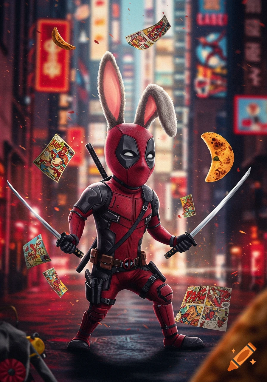 Vibrant digital art of Deadpool in a bunny suit holding katanas, with floating comic panels and a crescent moon/banana on a neon street.