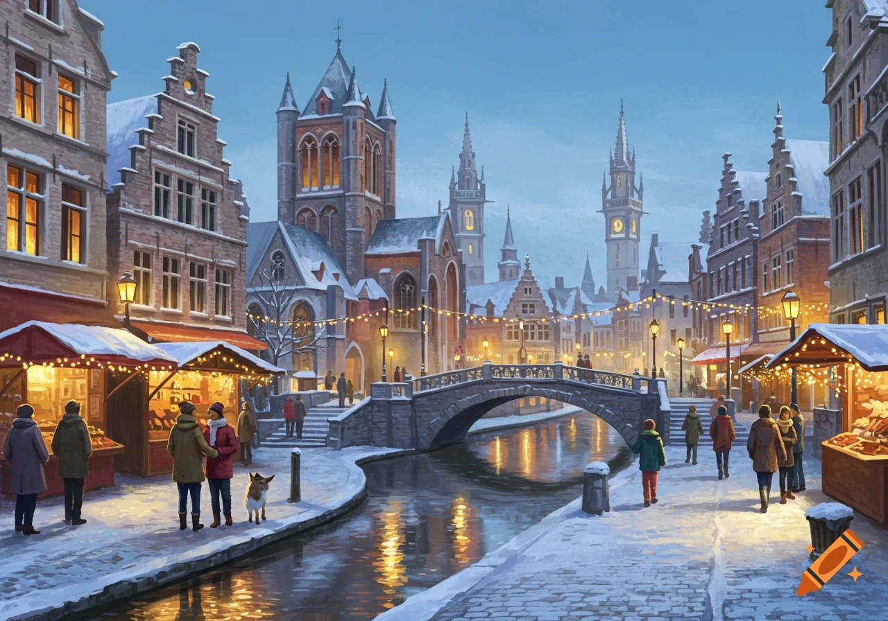An illustrated snowy winter townscape at dusk, featuring a canal, stone bridge, historic buildings, and market stalls with warm lights.