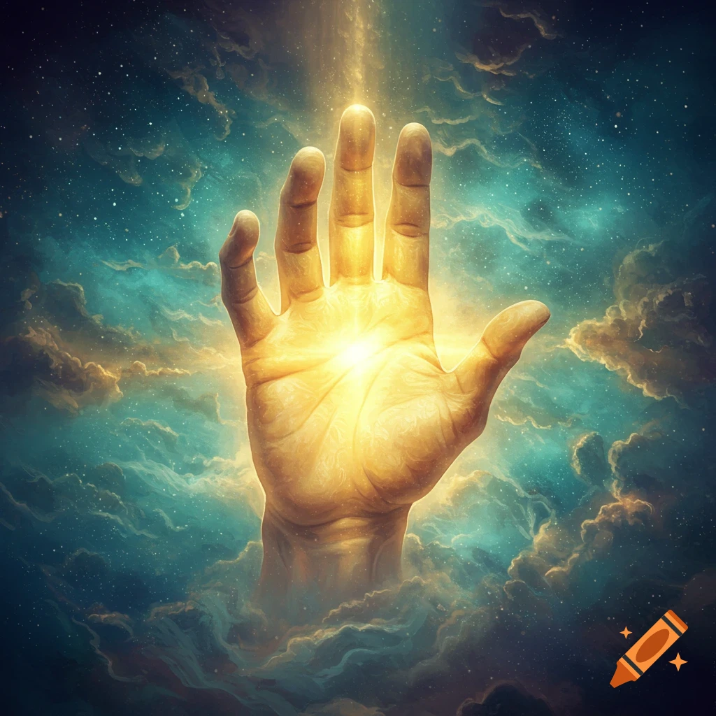 A large, glowing hand reaching upwards from mystical clouds into a starry sky with a beam of light.
