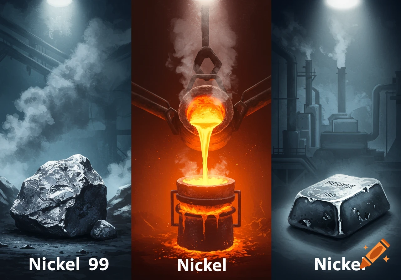 Triptych showing nickel production: raw ore, molten metal poured into a crucible, and a finished nickel ingot in industrial settings.