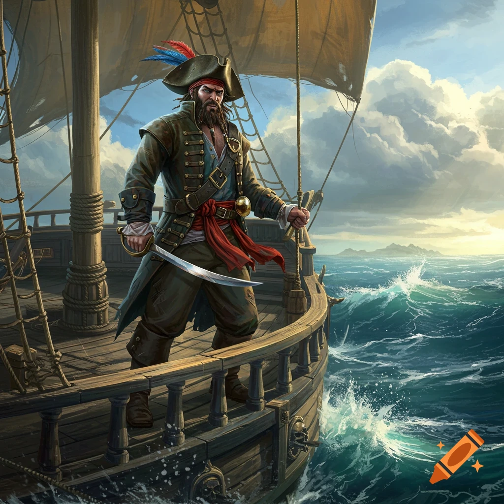 A bearded pirate with a sword stands on a ship's deck on a rough sea under a cloudy sky.
