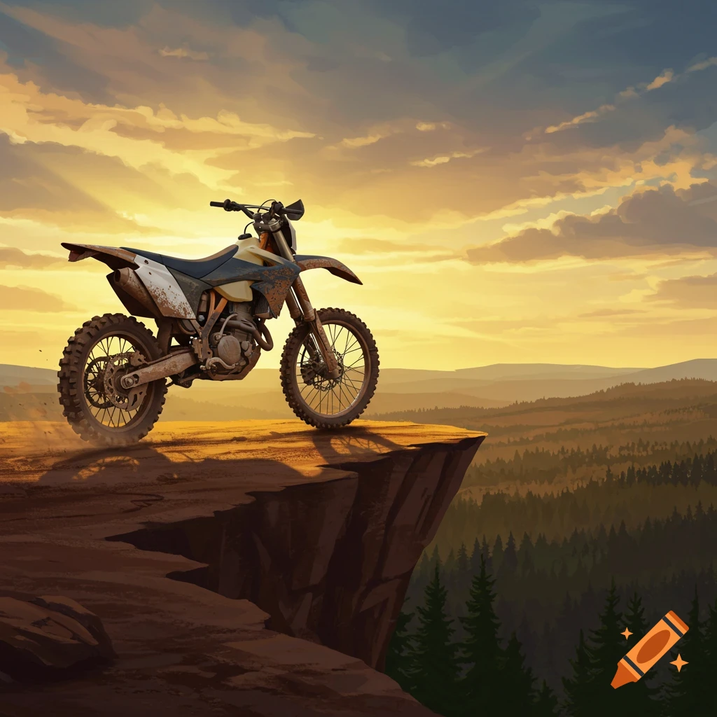 A stylized dirt bike is parked on a cliff edge overlooking a vast forested valley under a dramatic sunset sky.