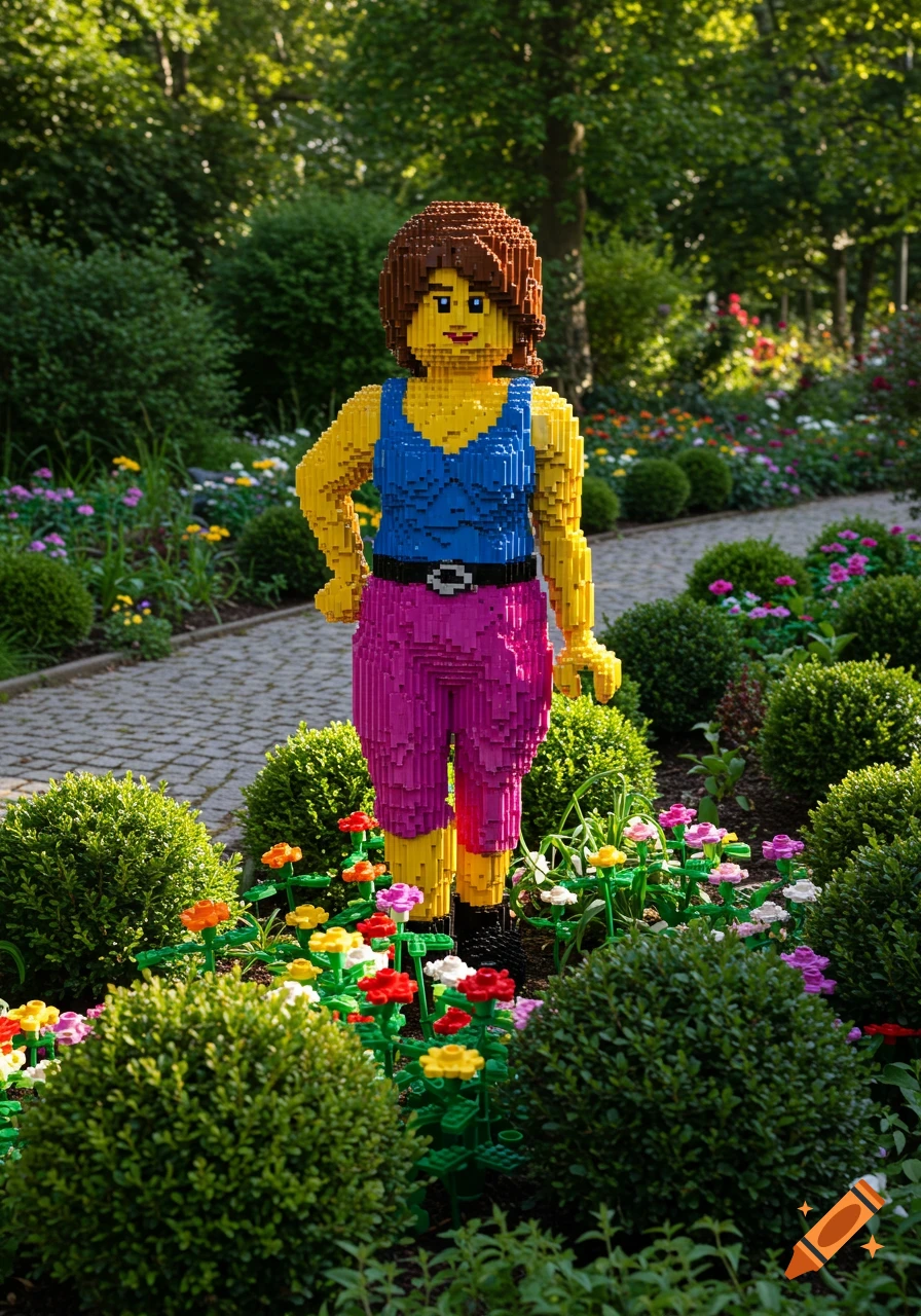 A life-sized Lego model of a woman with brown hair, blue top, and pink pants stands in a vibrant garden with colorful flowers.