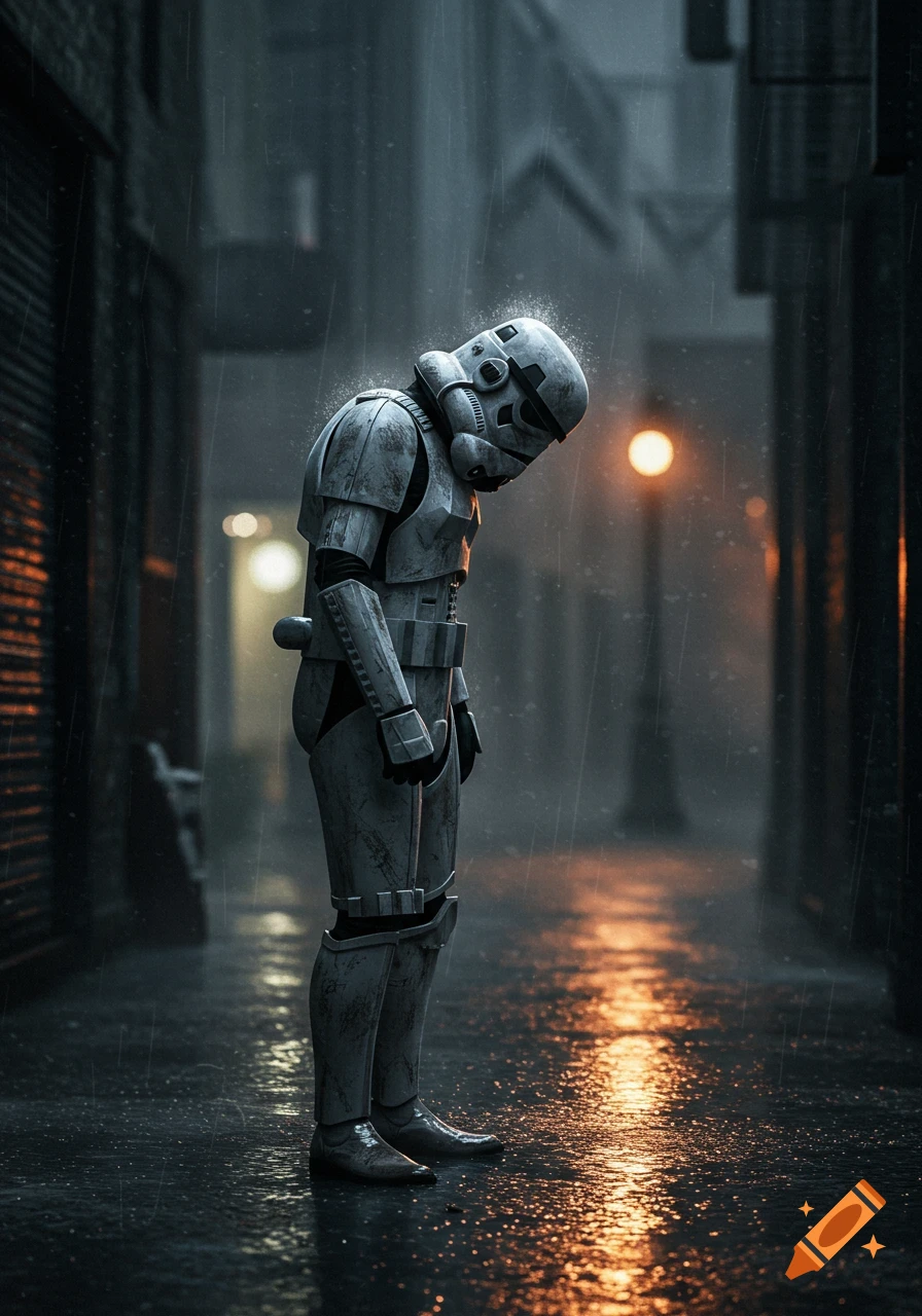 A lone, sad Stormtrooper stands in a rainy, dark alley with wet ground reflecting streetlights.