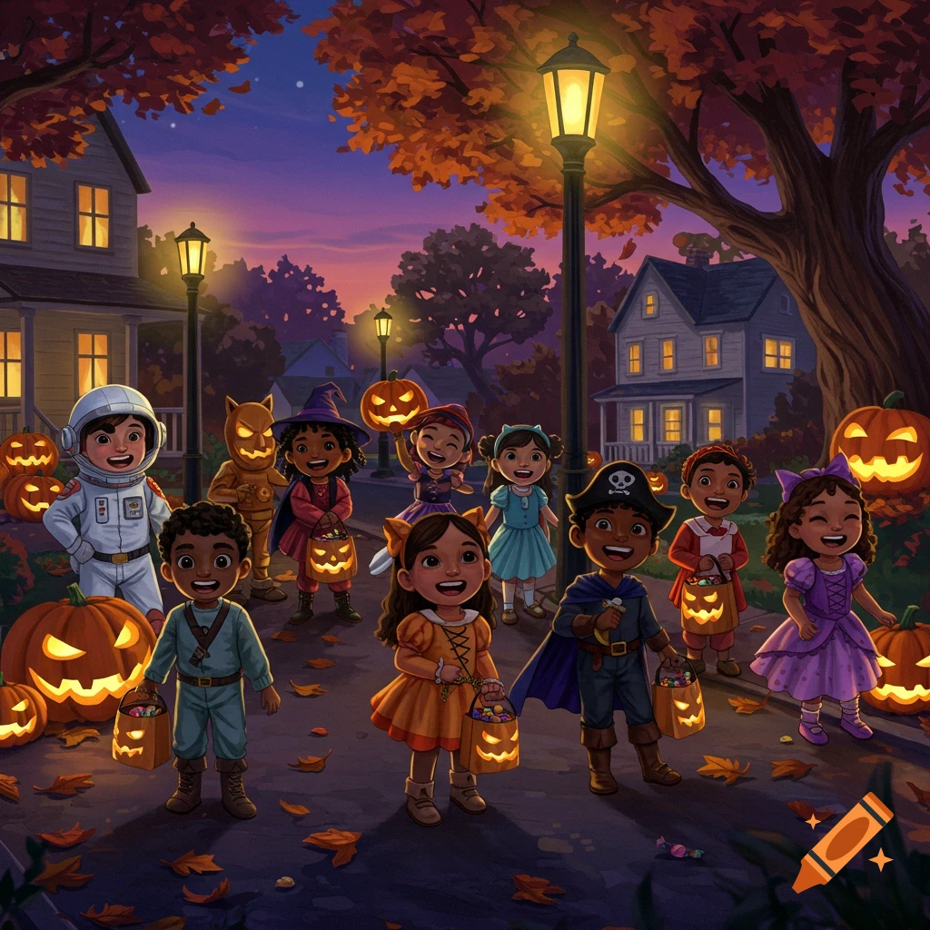 An illustration of diverse children in Halloween costumes trick-or-treating on a street at dusk, surrounded by glowing jack-o'-lanterns and autumn leaves.