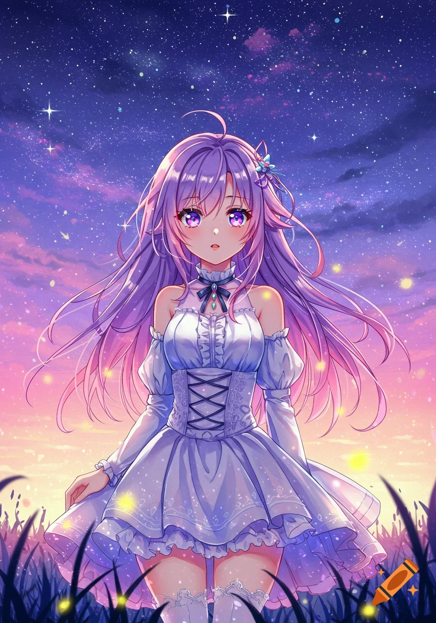 An anime girl with long purple hair and a white dress stands in a field under a starry, pink and purple night sky.