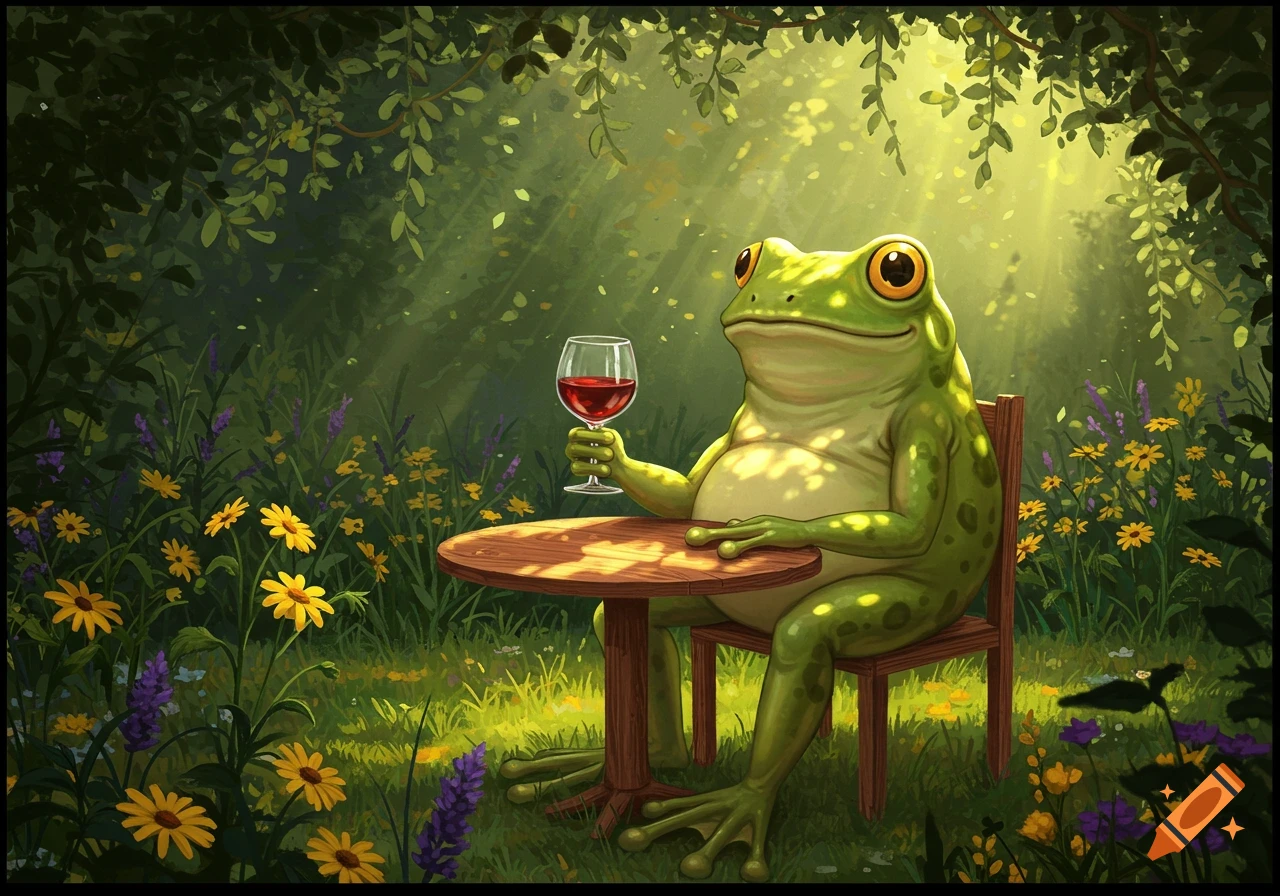A big green cartoon frog sits at a small wooden table in a sun-dappled forest, holding a glass of red wine.