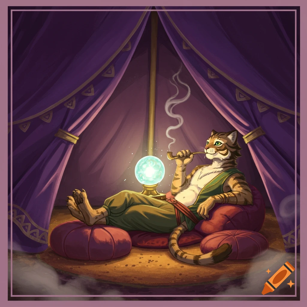 A relaxed Tabaxi, an anthropomorphic tiger, reclines in a purple tent, smoking a pipe next to a glowing crystal ball in Ghibli style.