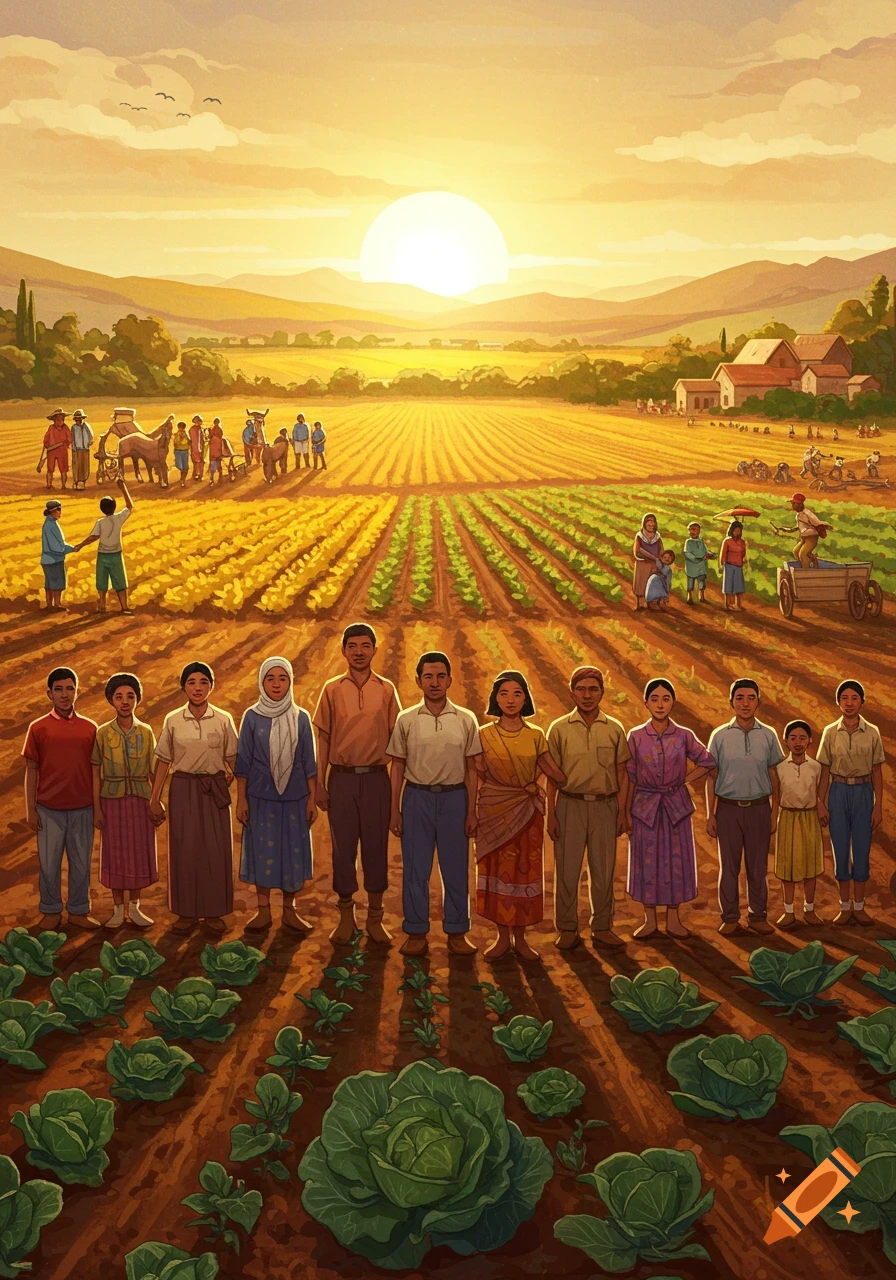 An illustration of diverse farmers standing in a cultivated field at sunset, with others working in the background and mountains behind.