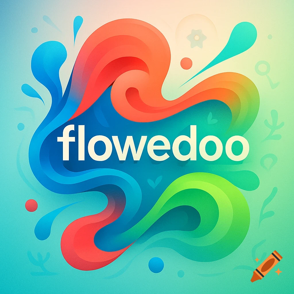 The word 'flowedoo' in white text surrounded by vibrant, flowing abstract shapes in blue, orange, and green on a light gradient background.