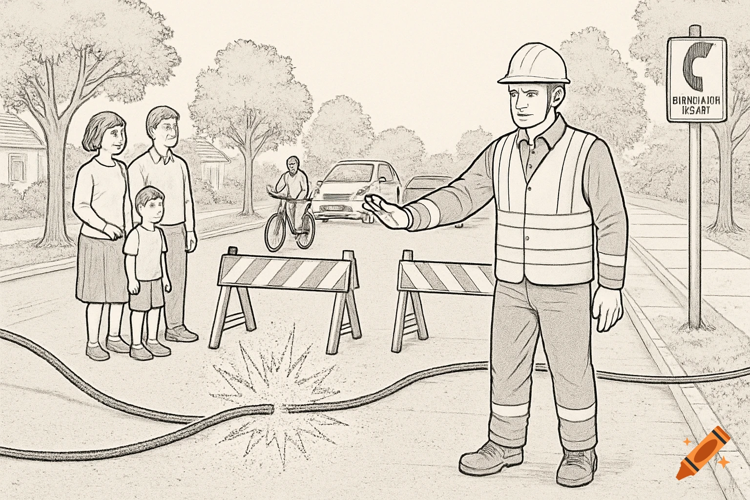 Line drawing of a utility worker stopping a family and cyclist from approaching a fallen electrical wire and road barriers on a street.
