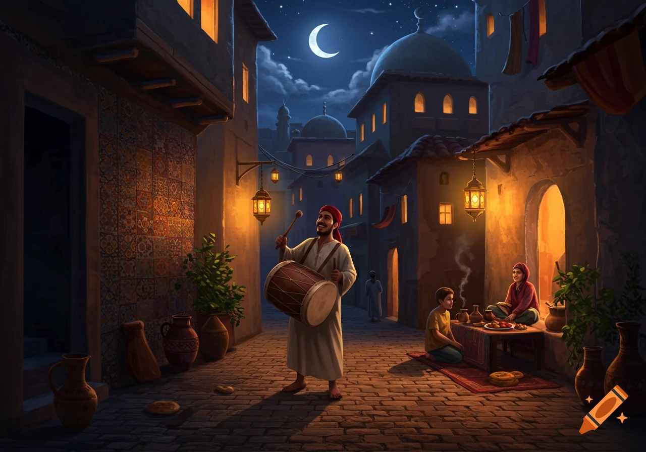A smiling man plays a drum in a bustling Middle Eastern street at night, lit by lanterns under a crescent moon, with people seated nearby.